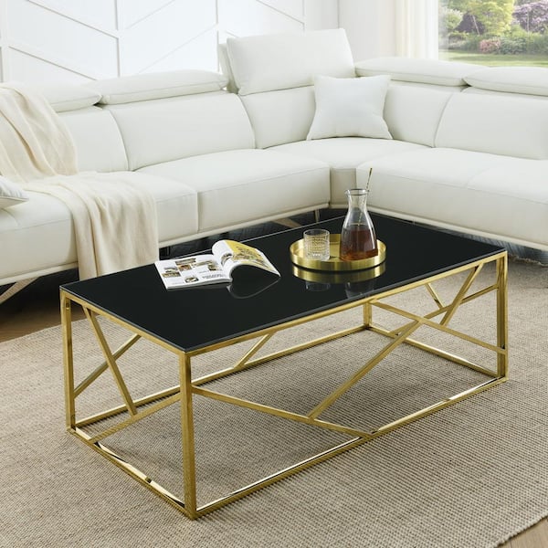 Zeus & Ruta Modern Rectangle Accent Coffee Table with Black Tempered Glass Top, Gold Colored Legs and Steel Frame for Living Room