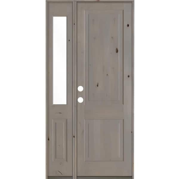 Krosswood Doors 44 in. x 96 in. Rustic knotty alder 2-Panel Right-Hand/Inswing Clear Glass Grey Stain Wood Prehung Front Door w/Sidelite