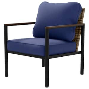 Patio Wicker Outdoor Lounge Chair with Metal Frame and lue Cushions