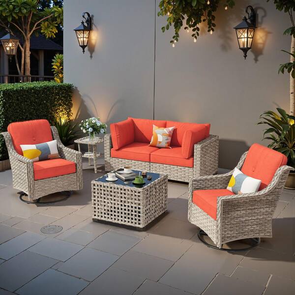 Coralia 6-Piece Wicker Outdoor Furniture Set Patio Conversation Set With Stripe Orange Cushion and Lighted Coffee Table