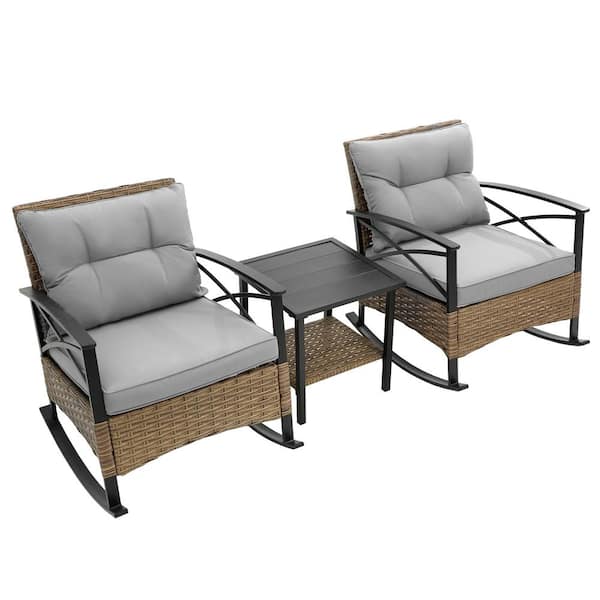 Anvil 3-Piece Wicker Patio Conversation Set Outdoor Rocking Chairs Rattan Furniture Set with Gray Cushions and Coffee Table
