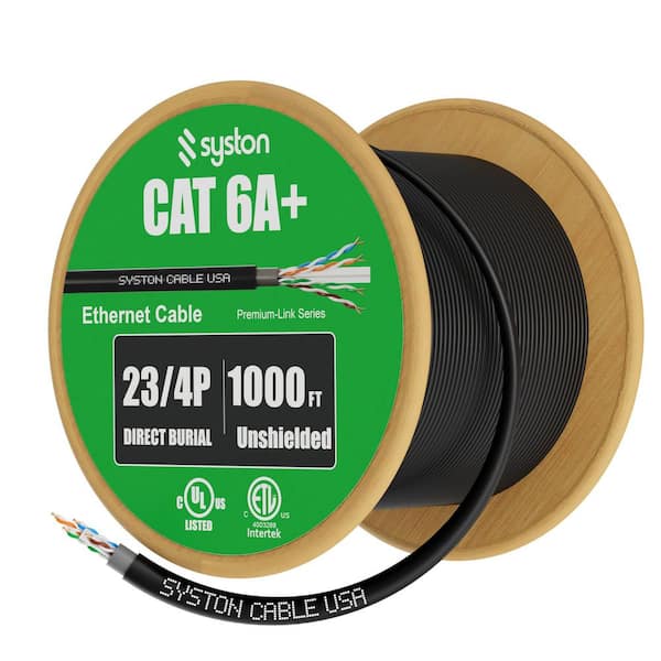 1000 ft. Cat 6A+ Direct Burial Ethernet Network Cable 700 MHz Outside Plant Waterproof Dual-Layer Jacket Outdoor-Black