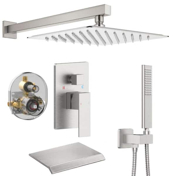waterpar 1-Spray Square 10 in. Shower System Fixed Shower Head and Tub Faucet with Hand Shower in Brushed Nickel (Valve Included)
