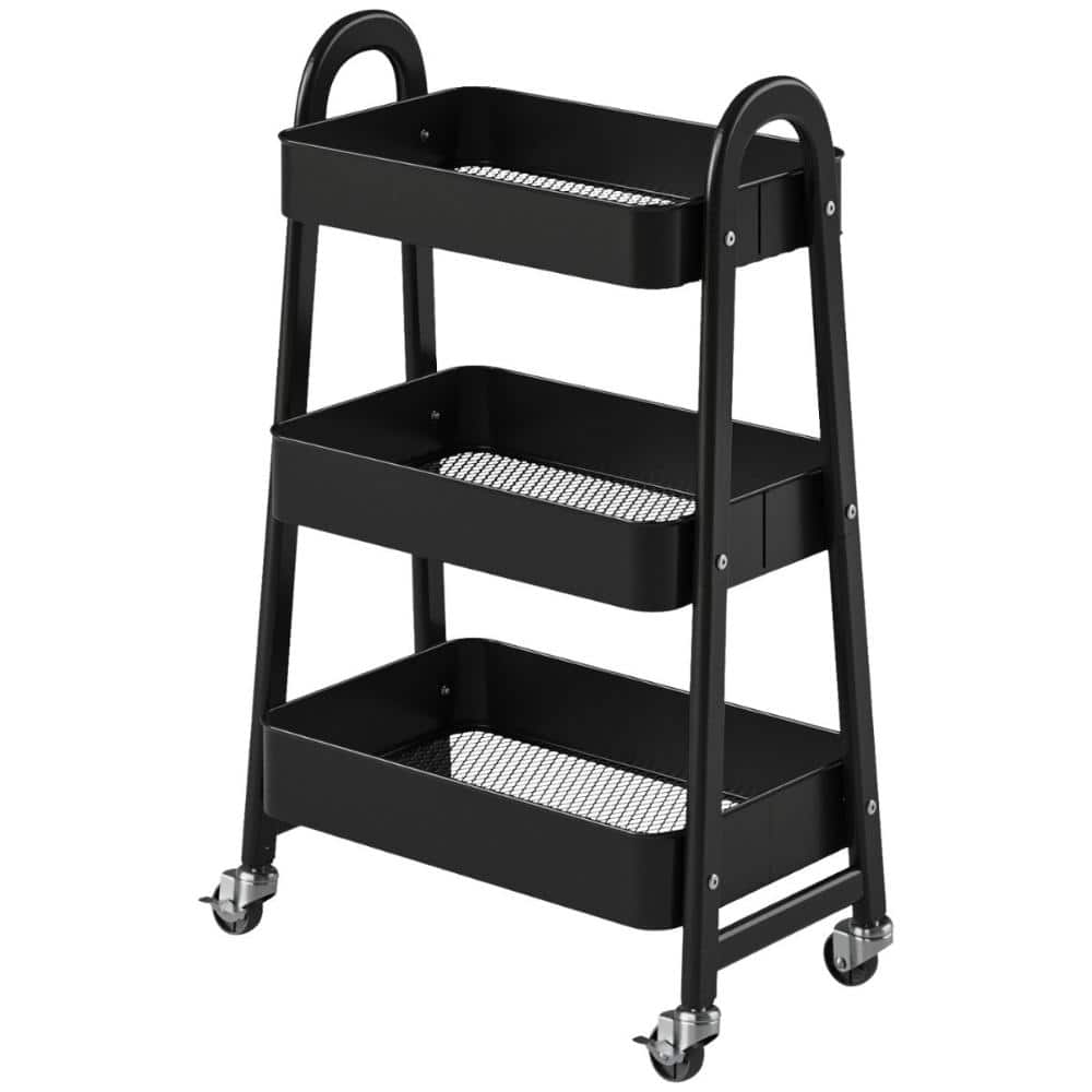 Black 3-Tier Rolling Metal Storage Cart, Mobile Utility Storage Organizer Cart w/ Lockable Wheels for Kitchen Bedroom price history on PriceWatchPro