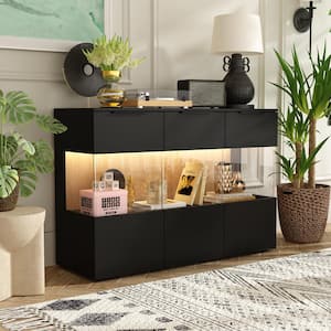 32.1 in. Tall Black Wood 9-Shelf Accent Bookcase Wood Grain Back Panel Display Cabinet with Glass Doors, LED Lights