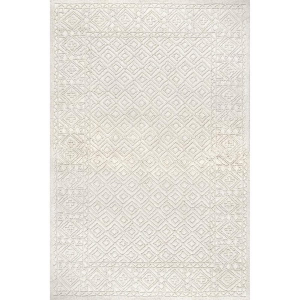 nuLOOM Madisyn Hand Hooked Wool Diamonds High Low Textured Ivory 5 ft. x 8 ft. Transitional Area Rug