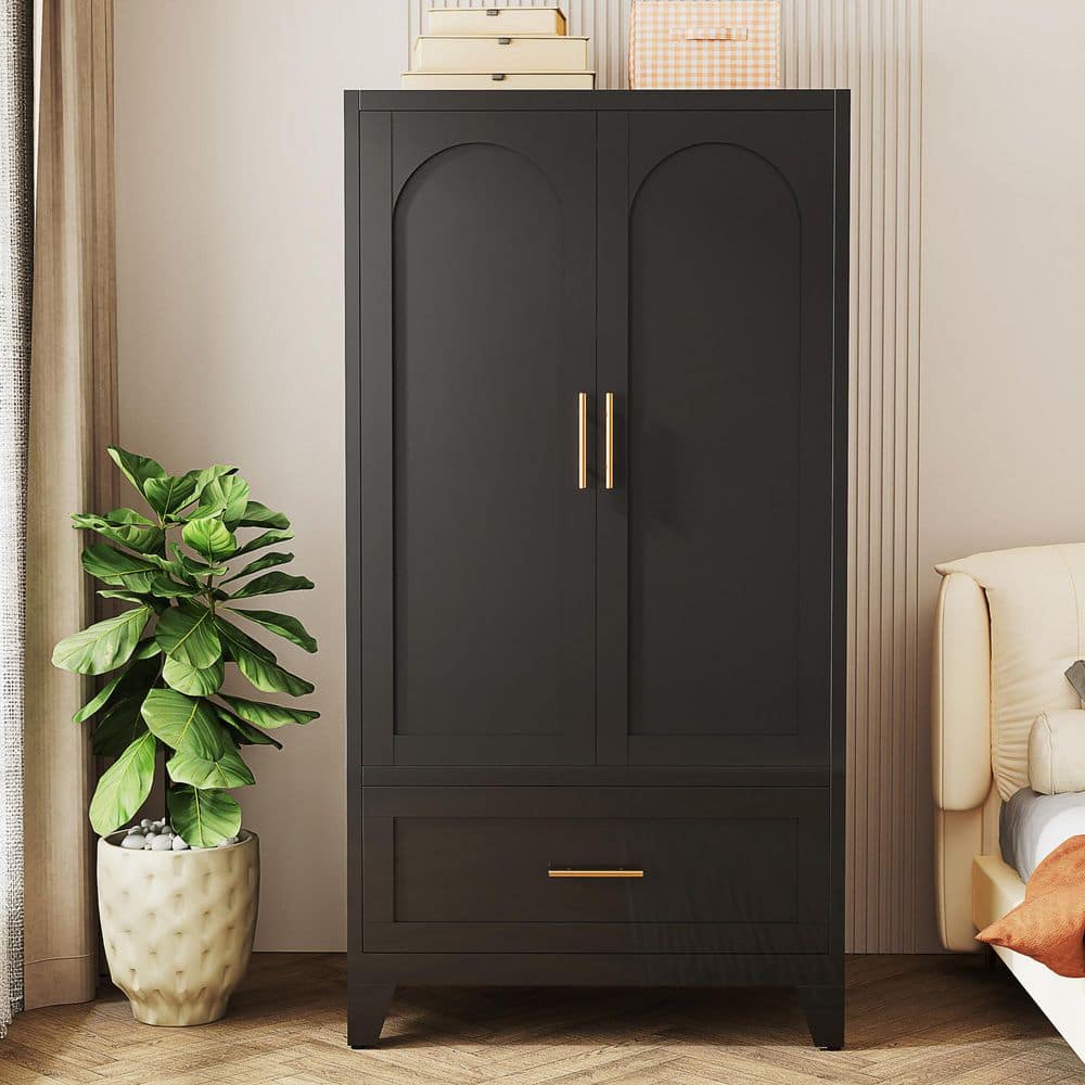 Zachary Black Tall Metal 60.2 in. Wardrobe Cabinet with 1 Drawer and Hanging Rod
