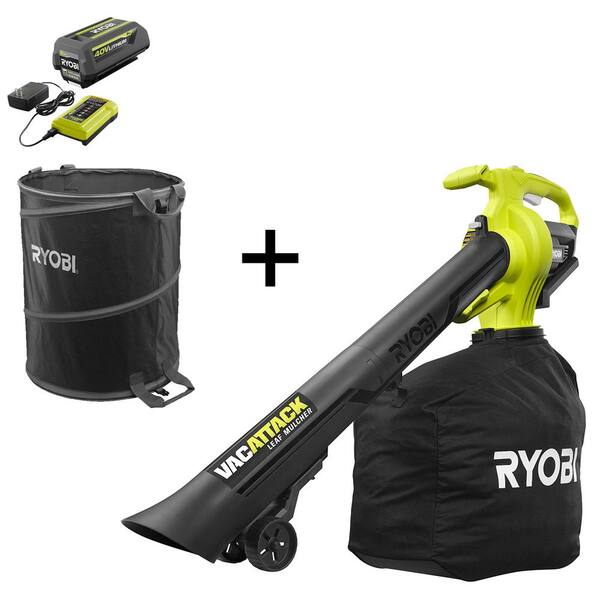 Ryobi 40V VAC Attack Cordless Battery Leaf Vacuum/Mulcher with Lawn and Leaf Bag, 5.0 Ah Battery, and Charger