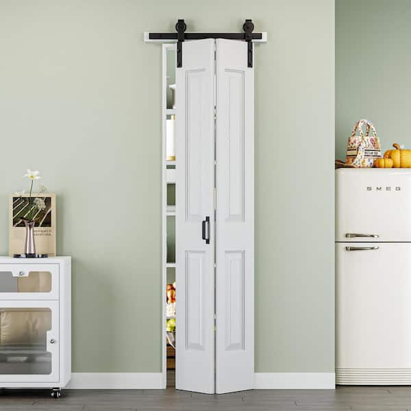 ARK DESIGN 24 in. x 84 in. Paneled 4-Lite White Primed MDF Composite Bi-Fold Sliding Barn Door with Hardware Kit and Handle