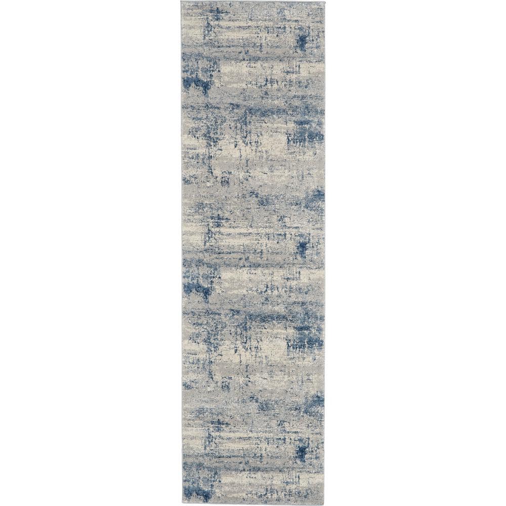 Ivory Blue Abstract Rustic Textures Runner Rug