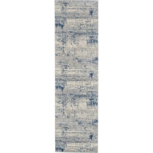 Rustic Textures Ivory/Blue 2 ft. x 8 ft. Abstract Contemporary Kitchen Runner Area Rug