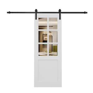 30 in. x 80 in. 6 Lite Tempered Clear Glass White Primed MDF Sliding Barn Door with Hardware Kit