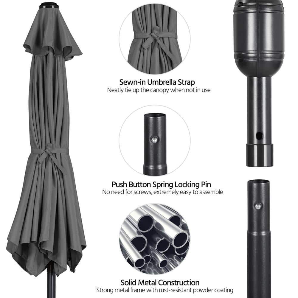 Gray 9 ft. Round Market Umbrella with Crank Lift and Push Button Tilt