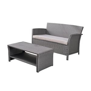 St. Lucia Grey 2-Piece Faux Rattan Patio Conversation Set with Silver Cushions