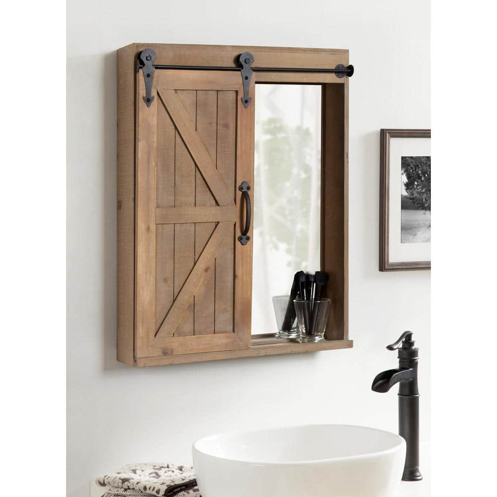 Rustic Brown Wood Wall Storage Cabinet with Vanity Mirror and Sliding Barn Door