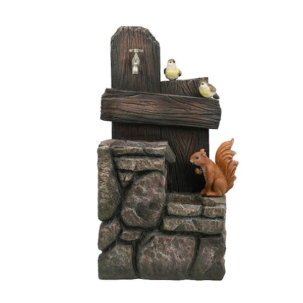 15 in. x 14 in. x 26 in. Decorative 2-tiered waterfall Fountain with Woodland Animal Design and Light for Outdoor