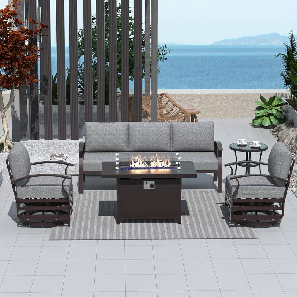 Halmuz 5-Piece Aluminum Patio Fire Pit Sectional Seating Set with armrest, Swivel Rocking Chairs,coffee table and Grey Cushions