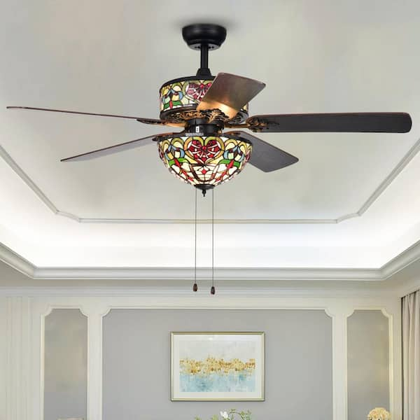 Warehouse of Tiffany Ransoe 52' Matte Black 6-Light Blue Heart Tiffany 5-Blade Ceiling Fan