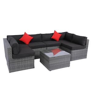 5-Piece Gray Wicker Outdoor Sectional Furniture Set with Black Cushions Pillows for Backyard Porch Balcony
