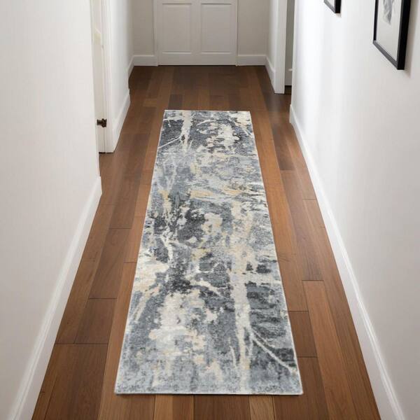 8' Ivory Black and Gray Abstract Distressed Runner Rug
