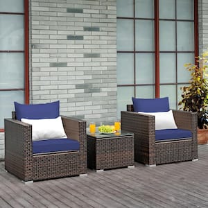 3-Piece Rattan Patio Outdoor Conversation Furniture Set with Navy Cushions