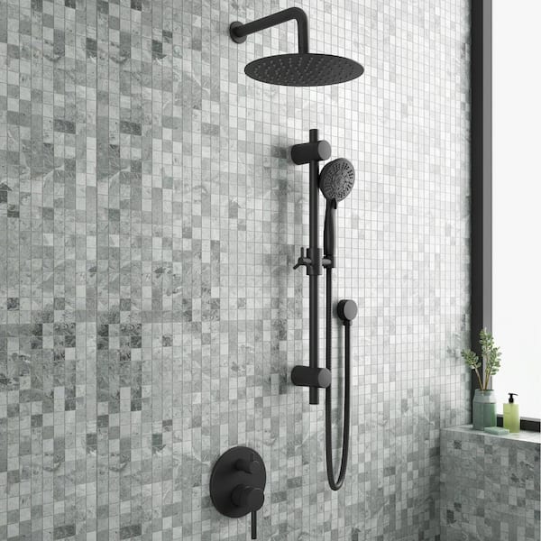 6-Spray Round Hand Shower and Showerhead Wall Combo Kit with Slide Bar and Valve in Matte Black