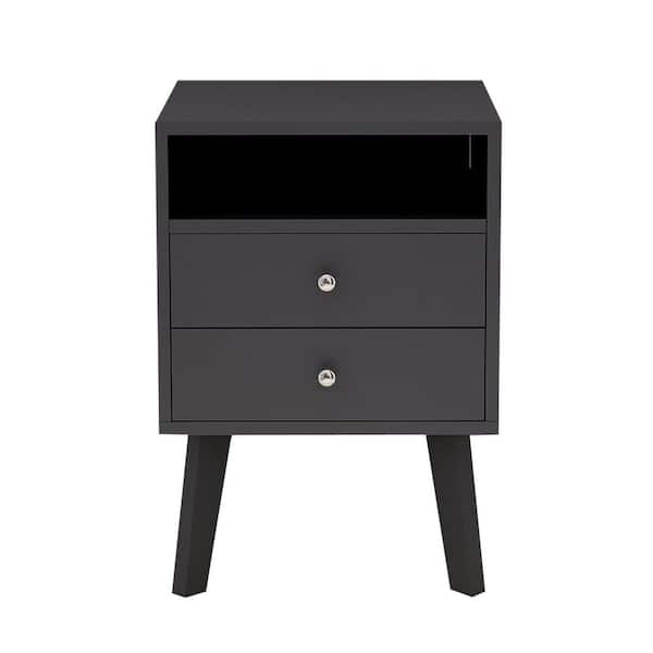 URTR Modern and Simple 15.7 in. Black 2-Drawer Side Table with 1 Open Shelf Sofa/Bed Wood End Table for Bedroom, Living Room