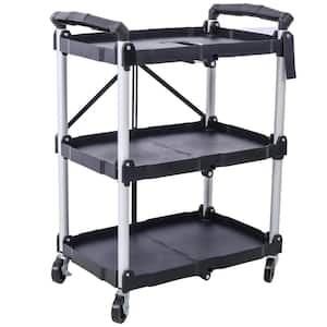 3-Layers Folding Collapsible Plastic Service Cart with Metal Frame, Black
