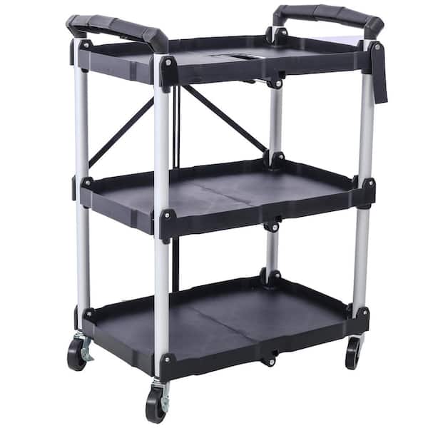 Kahomvis 3-Layers Folding Collapsible Plastic Service Cart with Metal Frame, Black
