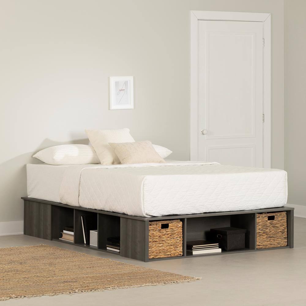 Gray Maple Queen Storage Bed with Wicker Baskets
