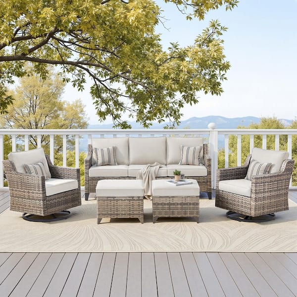 5-Piece Wicker Patio Furniture Set with Swivel Glider Chairs, Outdoor Sofa Seating Set With Beige Cushions