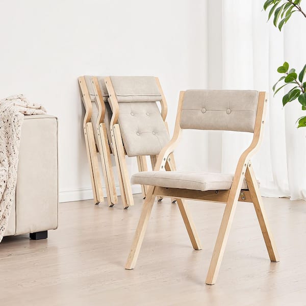 Set of 4 Portable Foldable Wooden Folding Chairs with Cushion for Kitchen, Easy Assembly, Beige