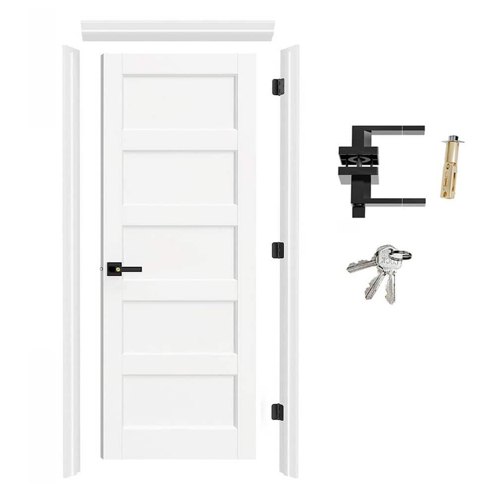 30 in. x 80 in. Primed Hollow Core Wood 5-Panel Single Pantry Door Kit with Quick-Assemble Jamb, Black Lever, No Bore price history on PriceWatchPro