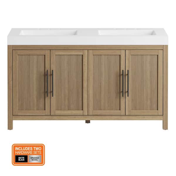 Cargrove 60 in. Double Sink Oak Bath Vanity with White Resin Composite Top (Assembled)