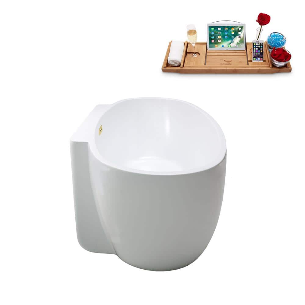 59" Glossy White Acrylic Freestanding Soaking Bathtub with Polished Brass Drain