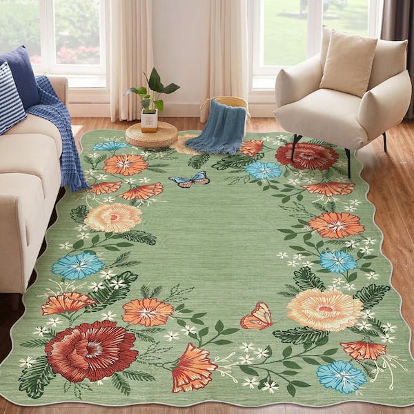 Wavy Edge Decorative Machine Washable Vintage Floral Printed Carpet for Bedroom Apartment Green 8 ft. x 10 ft. Area Rug
