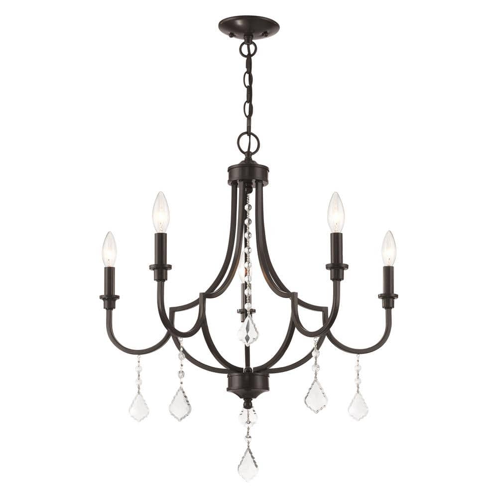 Mini English Bronze 5-Light Crystal Chandelier with Candelabra Bulbs