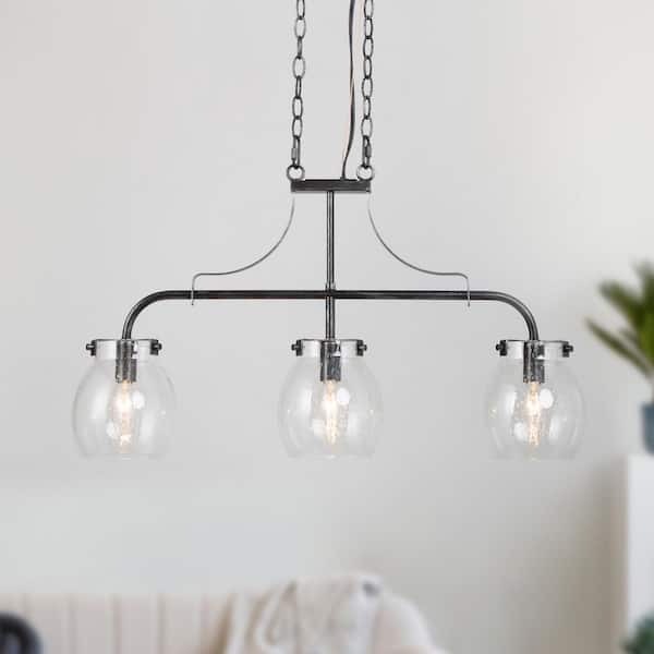 LNC 25 in. Black Chandelier Modern Candlestick 3-Light Industrial Island Linear Chandelier with Seeded Glass Shades