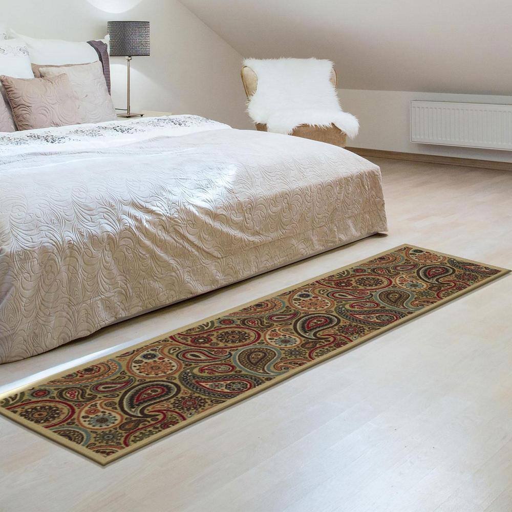 Contemporary Red and Beige Paisley Runner Rug with Non-Slip Backing