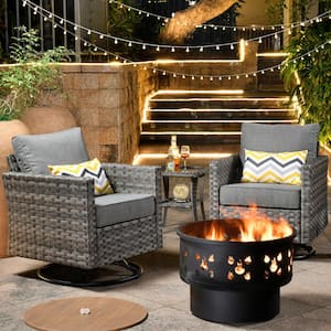 Hanes Gray 4-Piece Wicker Patio Fire Pit Swivel Seating Set with CushionGuard Dark Gray Cushions