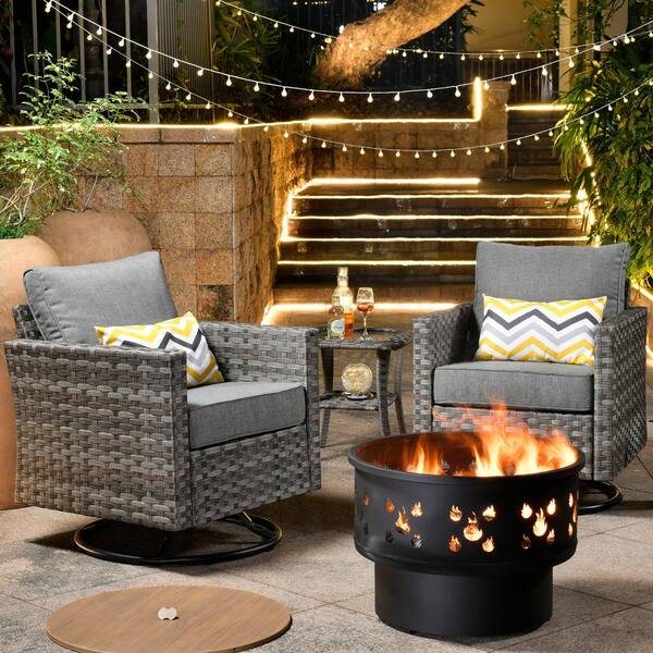 weaxty W Hanes Gray 4-Piece Wicker Patio Fire Pit Swivel Seating Set ...