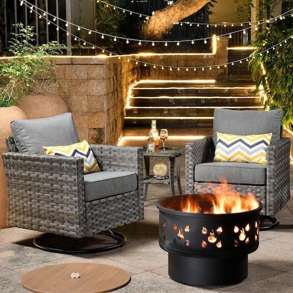 weaxty W Hanes Gray 4-Piece Wicker Patio Fire Pit Swivel Seating Set with CushionGuard Dark Gray Cushions