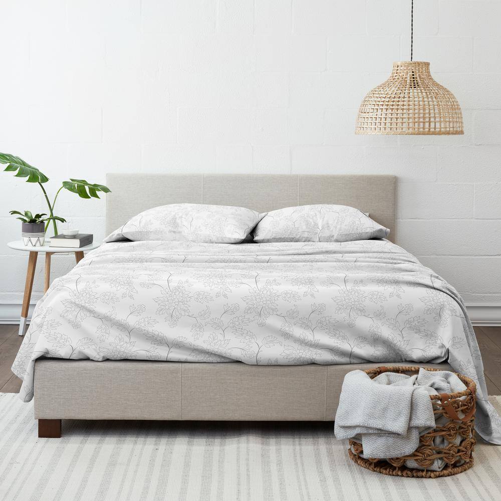 Gray and White Floral Queen Ultra Soft Microfiber Sheet Set