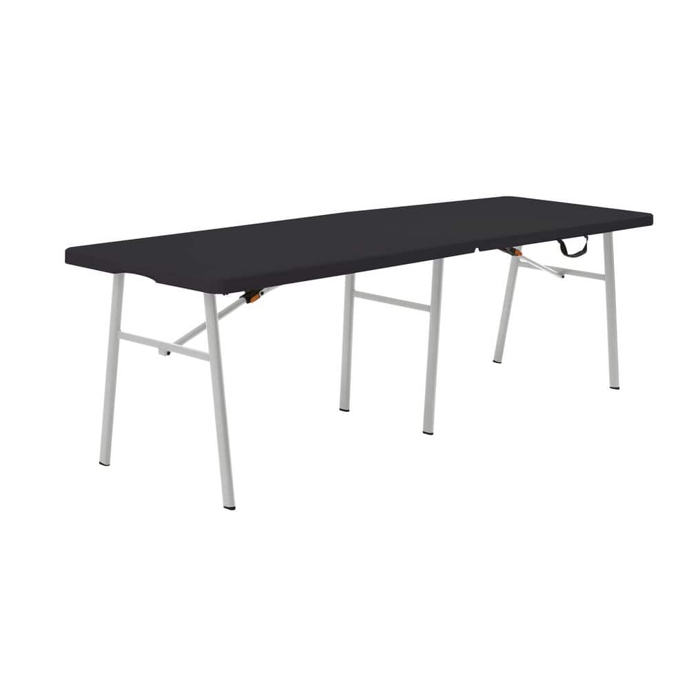 8 ft. Black Resin Top Rectangular Fold in Half Utility Table for Indoor/Outdoor Use, Seats 8