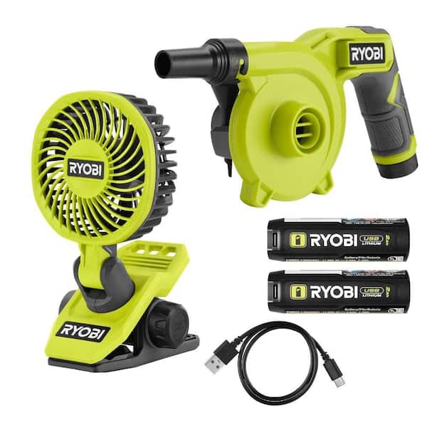 USB Lithium High Volume Inflator Kit & USB Lithium Clamp Fan Kit w/ (2) 2.0 Ah USB Lithium Battery & (2) Charging Cables