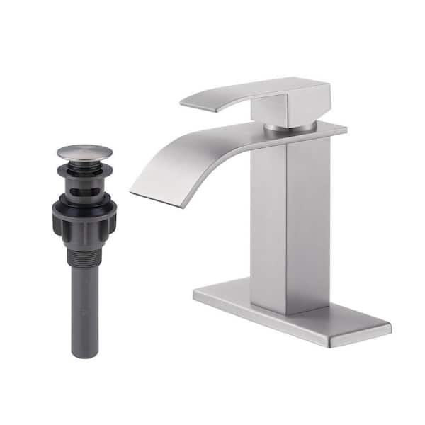 Modern Single-Handle Single-Hole Bathroom Faucet with Deck Plate and Pop-Up Drain in Brushed Nickel