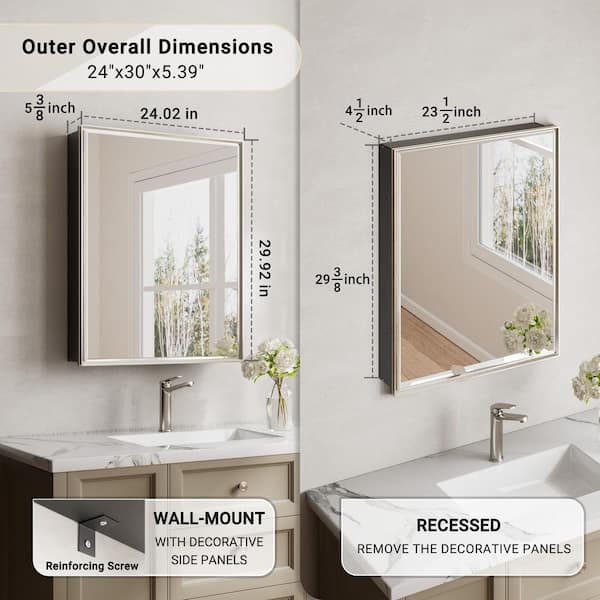 Musey 24 in W x 30 in H Brush Nickel Rectangular Aluminum Medicine Cabinet with Beveled Mirror, Recessed or Surface