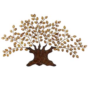 75 in. x 41 in. Metal Brown Indoor Outdoor Tree Wall Decor with Leaves