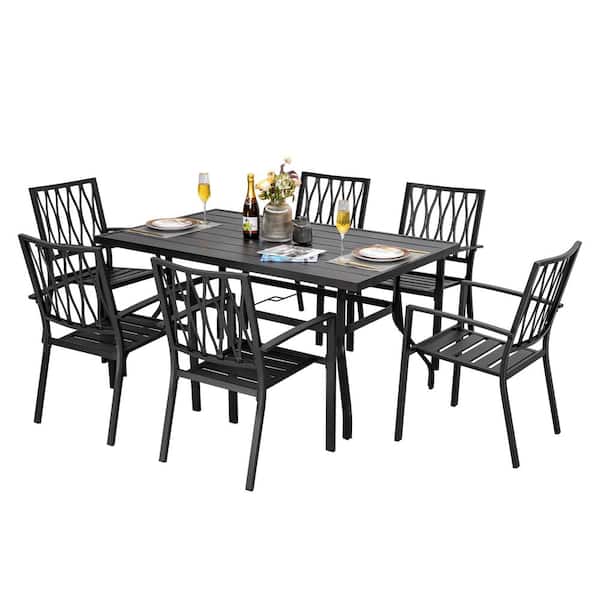 Nuu Garden Black 7-Piece Metal Outdoor Dining Stackable Chairs, 1 Rectangle Table with 1.57 in. Umbrella Hole (Set, 6)