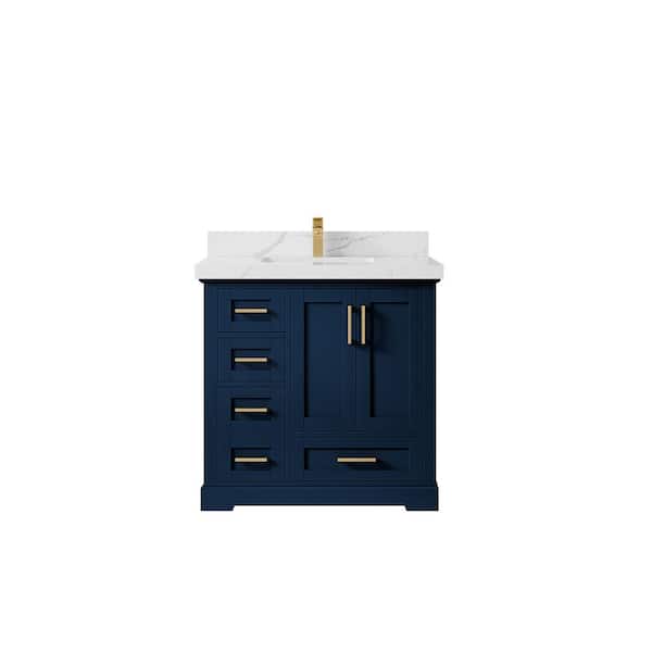 Willow Collections Boston 36 in. W x 22 in. D x 36 in. H Single Sink Bath Vanity Center in Navy Blue with 2" Calacatta Quartz Top